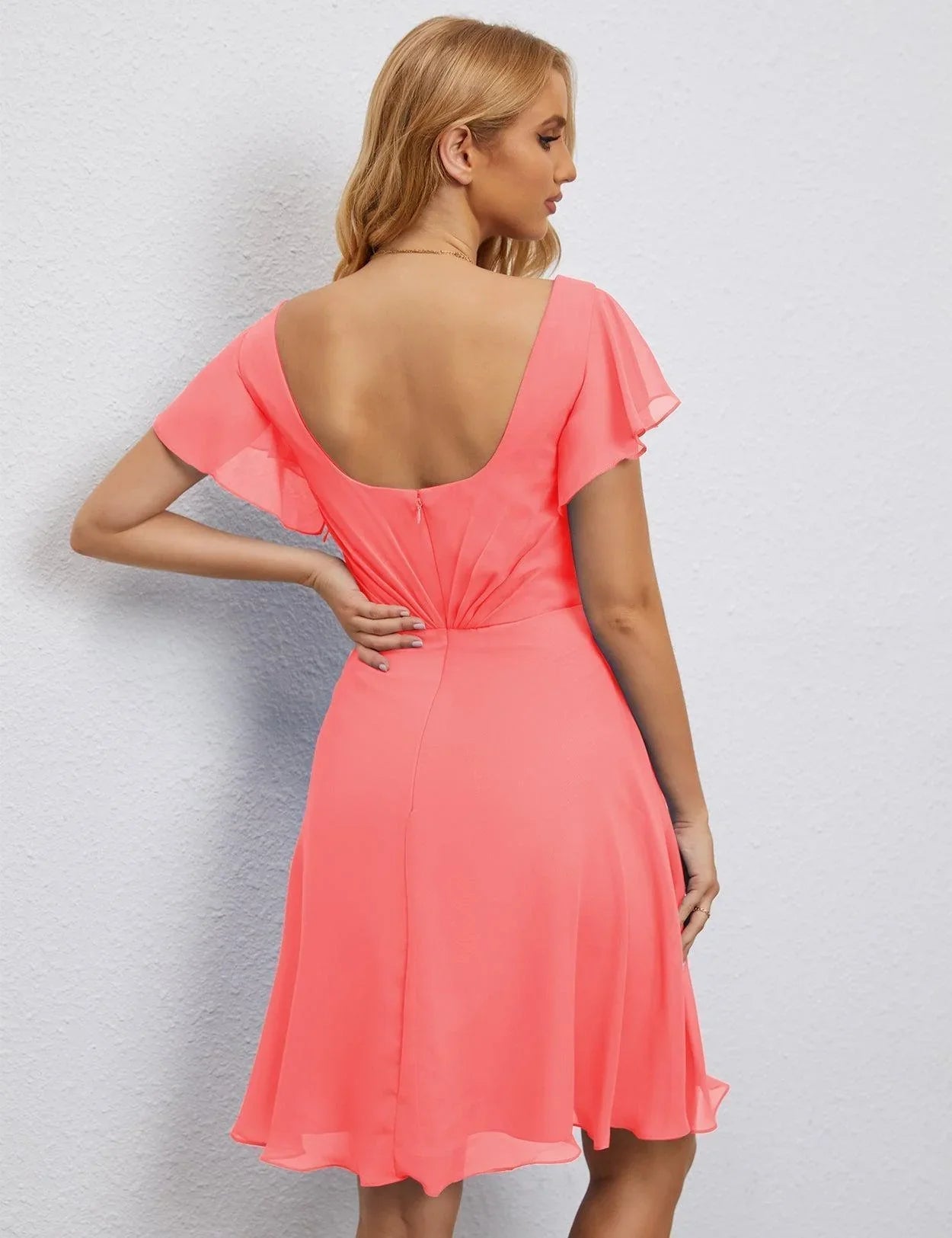 Vestido de Regreso a Casa con Espalda en U de Numbersea Vestido Formal para el Baile de Graduación Largo hasta la Rodilla Mangas Cortas Vestido para Fiesta de Cóctel 28077