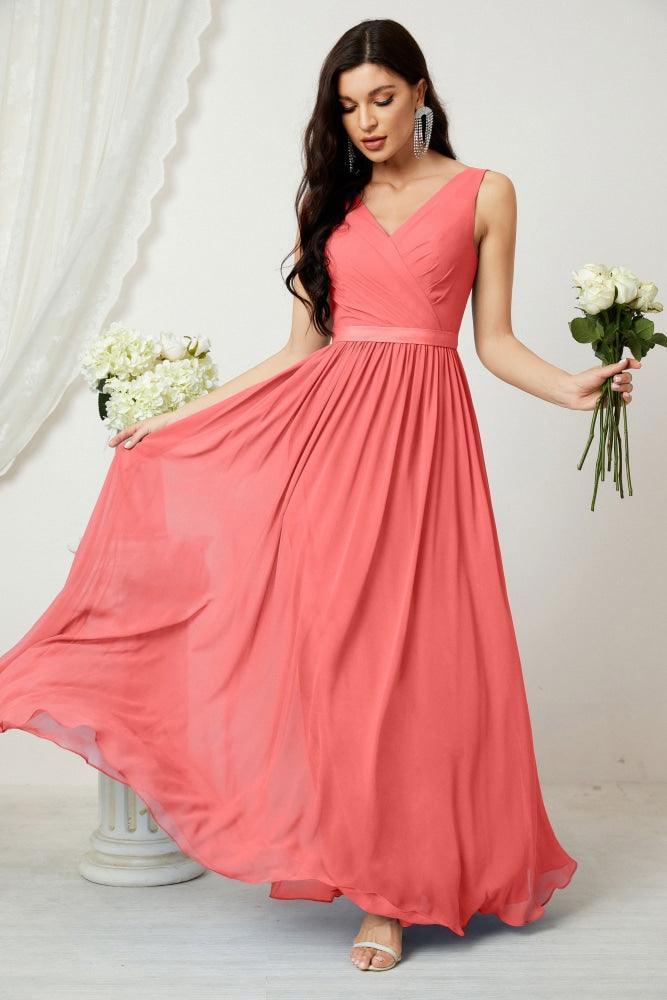 Vestido de dama de honor largo de gasa para mujer, línea A sin mangas, vestido formal de baile de graduación para fiesta nocturna, vestido de regreso a casa 2808