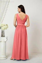 Abito da Sera Donna in Chiffon Lungo per Damigelle, Scollato, Senza Maniche, Linea A, per Feste Serali, Ballo di Fine Anno e Homecoming, Modello 2808