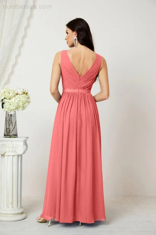 Abito da Sera Donna in Chiffon Lungo per Damigelle, Scollato, Senza Maniche, Linea A, per Feste Serali, Ballo di Fine Anno e Homecoming, Modello 2808