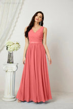 Abito da Sera Donna in Chiffon Lungo per Damigelle, Scollato, Senza Maniche, Linea A, per Feste Serali, Ballo di Fine Anno e Homecoming, Modello 2808