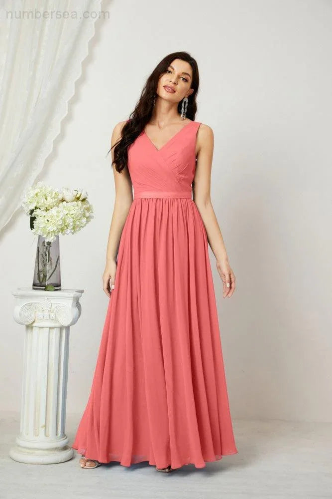 Abito da Sera Donna in Chiffon Lungo per Damigelle, Scollato, Senza Maniche, Linea A, per Feste Serali, Ballo di Fine Anno e Homecoming, Modello 2808