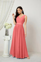 Abito da Sera Donna in Chiffon Lungo per Damigelle, Scollato, Senza Maniche, Linea A, per Feste Serali, Ballo di Fine Anno e Homecoming, Modello 2808