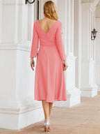 Vestido de madrinha com decote em V e cinto para mãe da noiva e convidada de casamento 28031 