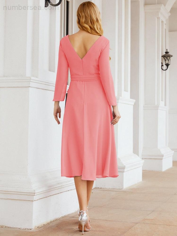 Vestido de madrinha com decote em V e cinto para mãe da noiva e convidada de casamento 28031 