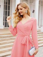 Vestido de madrinha com decote em V e cinto para mãe da noiva e convidada de casamento 28031 