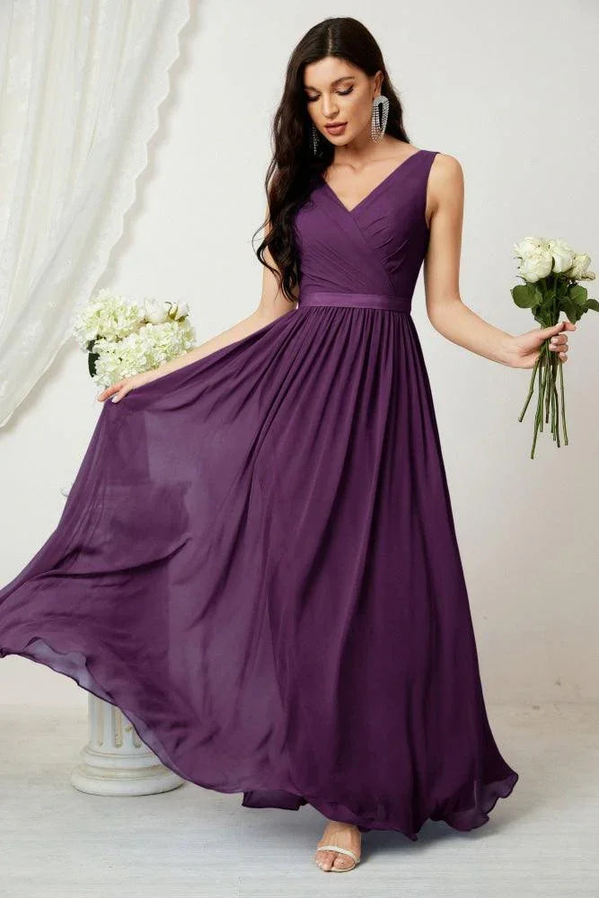 Vestido de dama de honor largo de gasa para mujer, línea A sin mangas, vestido formal de baile de graduación para fiesta nocturna, vestido de regreso a casa 2808