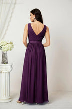 Abito da Sera Donna in Chiffon Lungo per Damigelle, Scollato, Senza Maniche, Linea A, per Feste Serali, Ballo di Fine Anno e Homecoming, Modello 2808