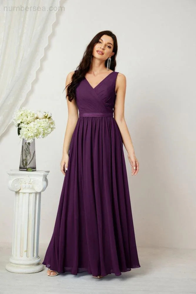 Abito da Sera Donna in Chiffon Lungo per Damigelle, Scollato, Senza Maniche, Linea A, per Feste Serali, Ballo di Fine Anno e Homecoming, Modello 2808