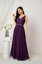 Abito da Sera Donna in Chiffon Lungo per Damigelle, Scollato, Senza Maniche, Linea A, per Feste Serali, Ballo di Fine Anno e Homecoming, Modello 2808