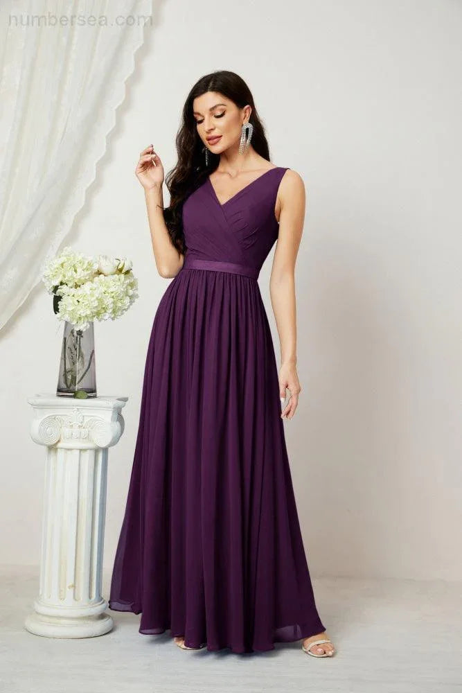 Abito da Sera Donna in Chiffon Lungo per Damigelle, Scollato, Senza Maniche, Linea A, per Feste Serali, Ballo di Fine Anno e Homecoming, Modello 2808