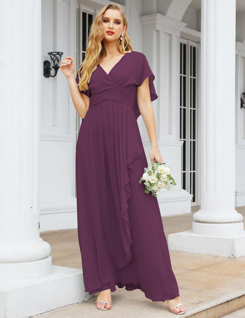 Numbersea Chiffon Bridesmaid Dresses Long Formal Evening Prom Mother of The Bride Dress with Flutter Sleeve     SEA28040