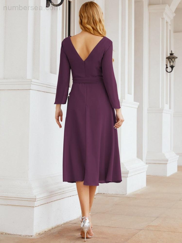 Vestido de madrinha com decote em V e cinto para mãe da noiva e convidada de casamento 28031 