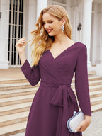 Vestido de madrinha com decote em V e cinto para mãe da noiva e convidada de casamento 28031 