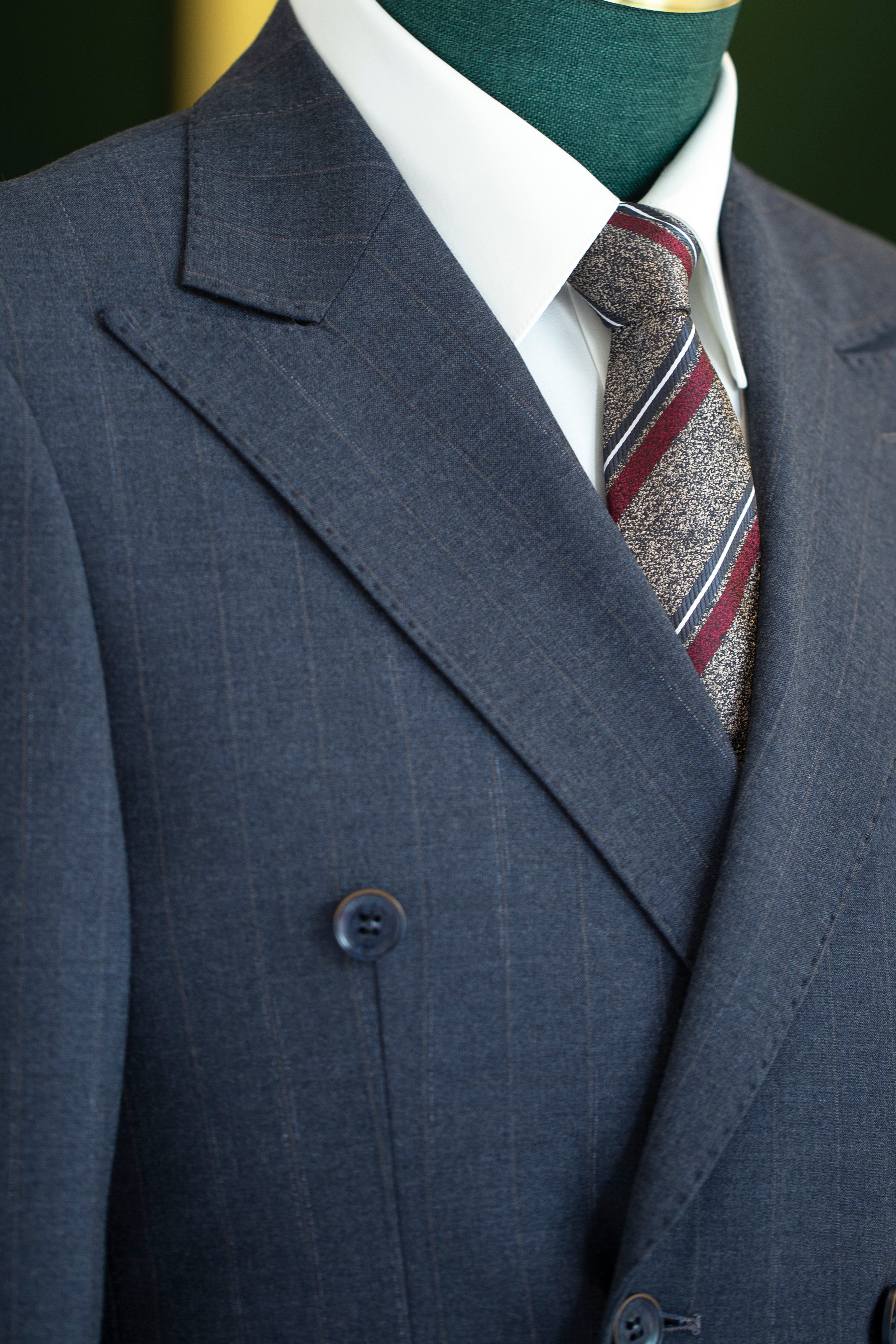 Charcoal Gold Pinstripe Wool Double-Breasted 3-Piece Wedding Suit | Tailored Groom & Groomsmen Attire