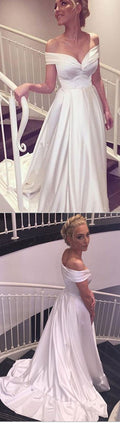 Abito da sposa semplice ed economico a linea A, nuovo, scollato sulle spalle, scollo a V, strascico lungo, elegante in raso a pallone. DB0120