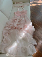 Einfaches Homecoming-/Partykleid mit Halter, rosa Tüll, Perlenbesatz, High-Low-Rüschen Y8582