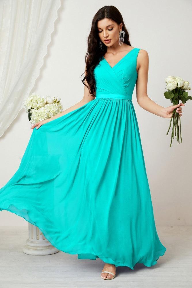 Vestido de dama de honor largo de gasa para mujer, línea A sin mangas, vestido formal de baile de graduación para fiesta nocturna, vestido de regreso a casa 2808