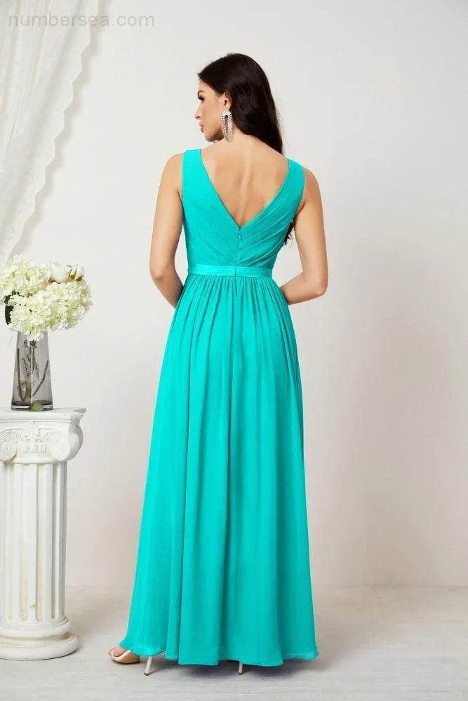 Abito da Sera Donna in Chiffon Lungo per Damigelle, Scollato, Senza Maniche, Linea A, per Feste Serali, Ballo di Fine Anno e Homecoming, Modello 2808