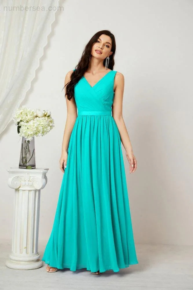 Abito da Sera Donna in Chiffon Lungo per Damigelle, Scollato, Senza Maniche, Linea A, per Feste Serali, Ballo di Fine Anno e Homecoming, Modello 2808