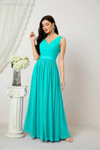 Abito da Sera Donna in Chiffon Lungo per Damigelle, Scollato, Senza Maniche, Linea A, per Feste Serali, Ballo di Fine Anno e Homecoming, Modello 2808