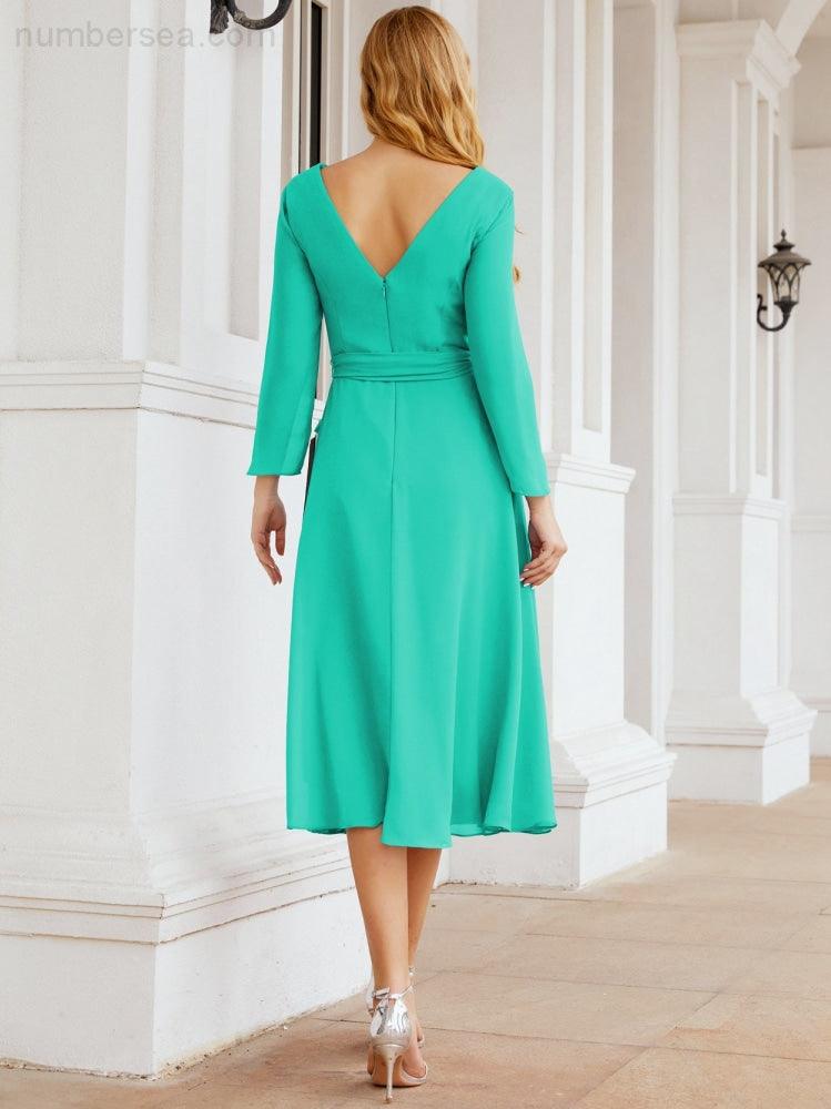 Vestido de madrinha com decote em V e cinto para mãe da noiva e convidada de casamento 28031 