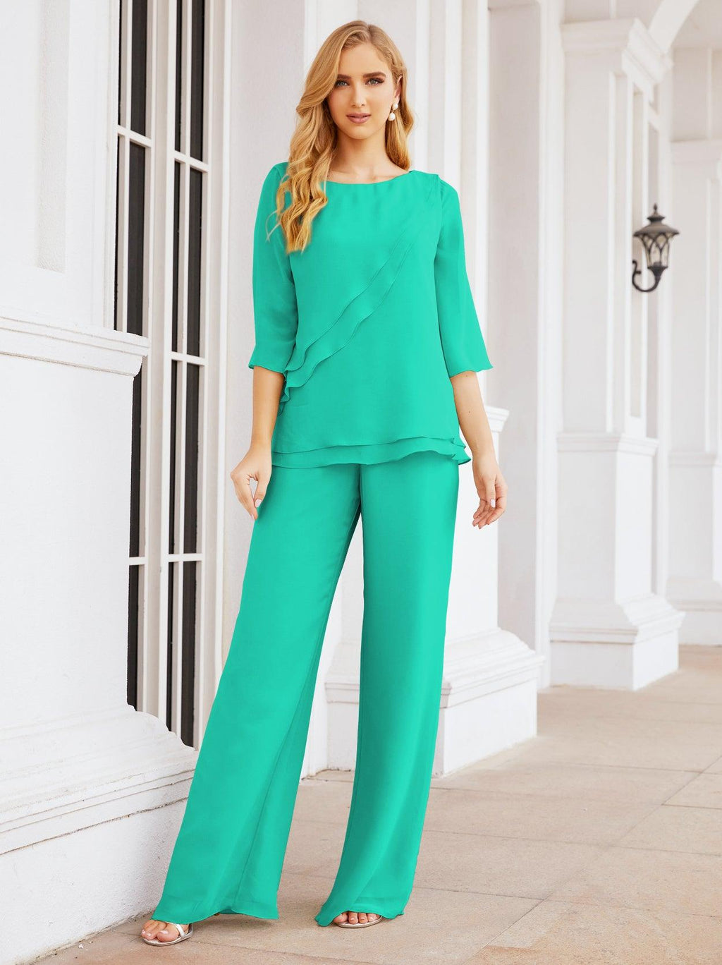 Vestido elegante de 2 peças para mãe da noiva Numbersea, tamanho grande, com folhos, camadas, roupão prateado 28064 