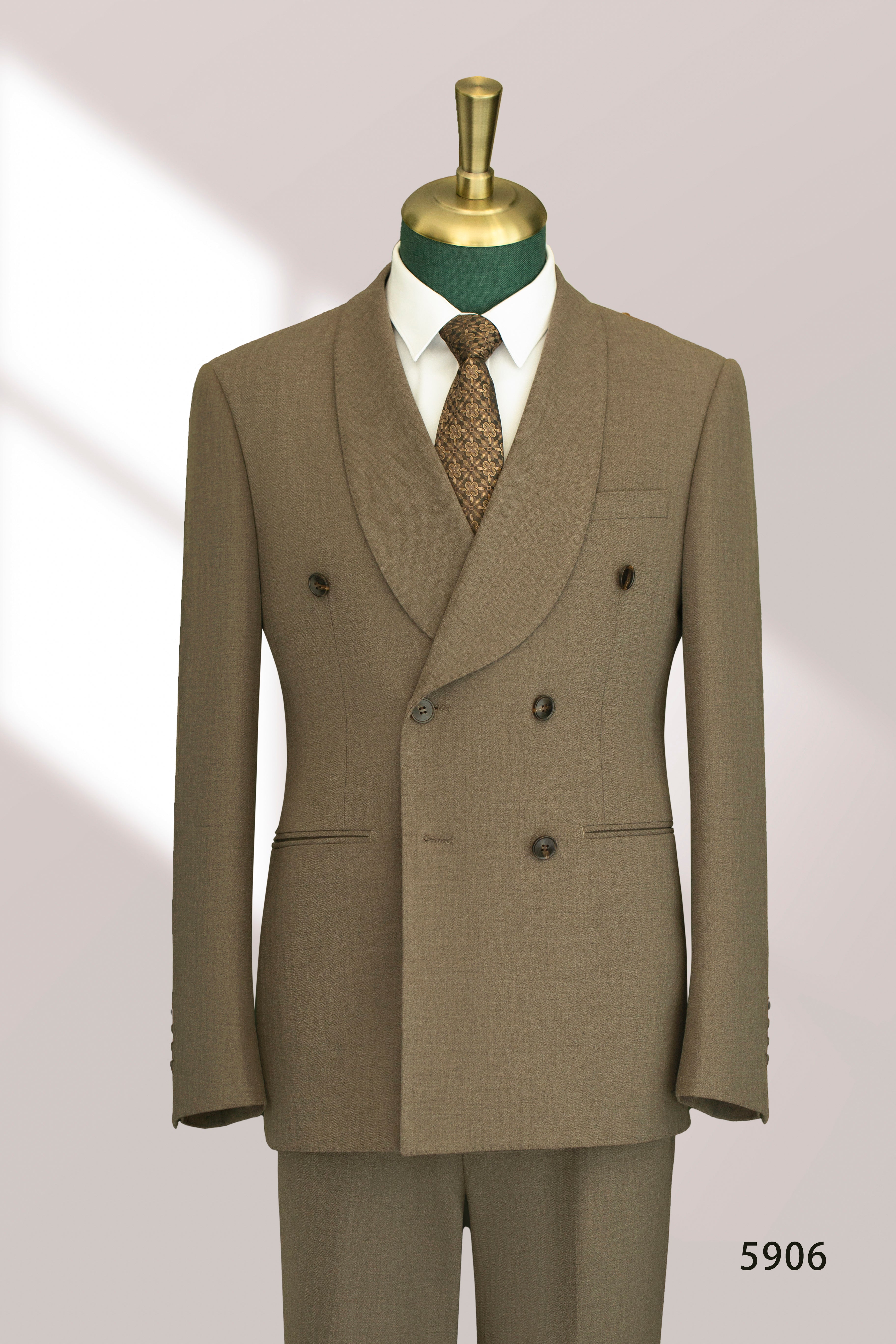 Taupe Wool Double-Breasted 3-Piece Wedding Suit | Tailored Groom & Groomsmen Attire