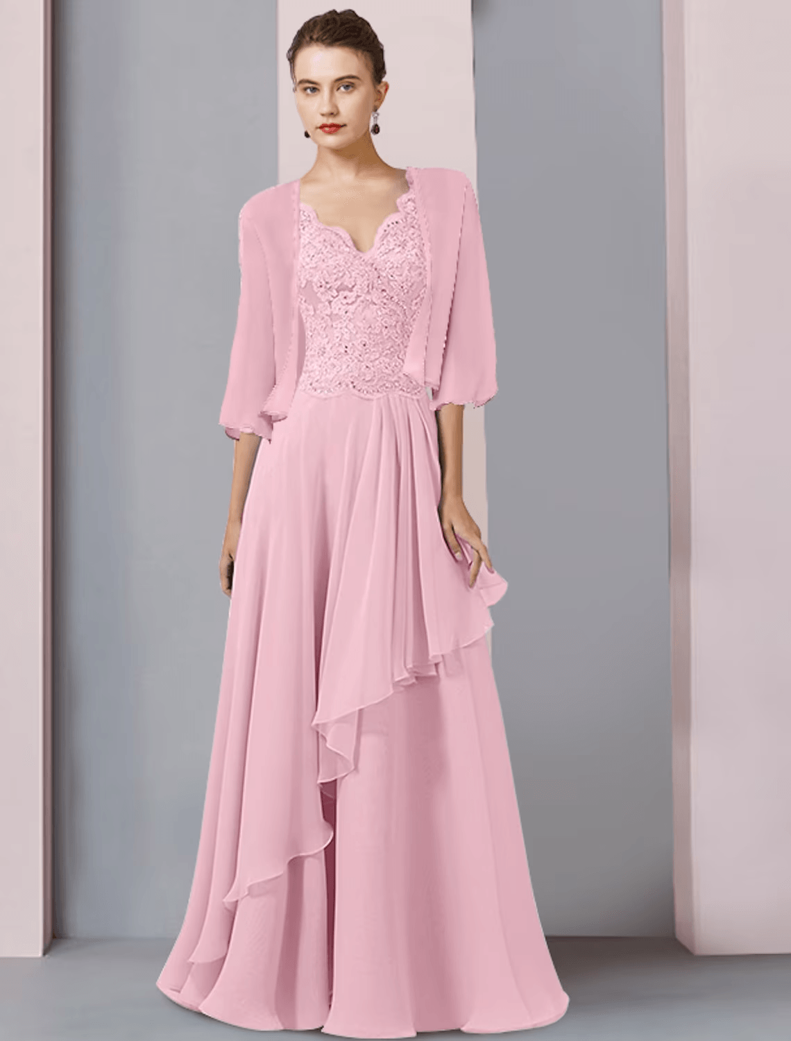 Vestido de mãe da noiva em duas peças, corte A, formal, para festa de casamento, elegante, decote em V, comprimento até ao chão, chiffon, renda, manga curta, com aplicações de lantejoulas e missangas