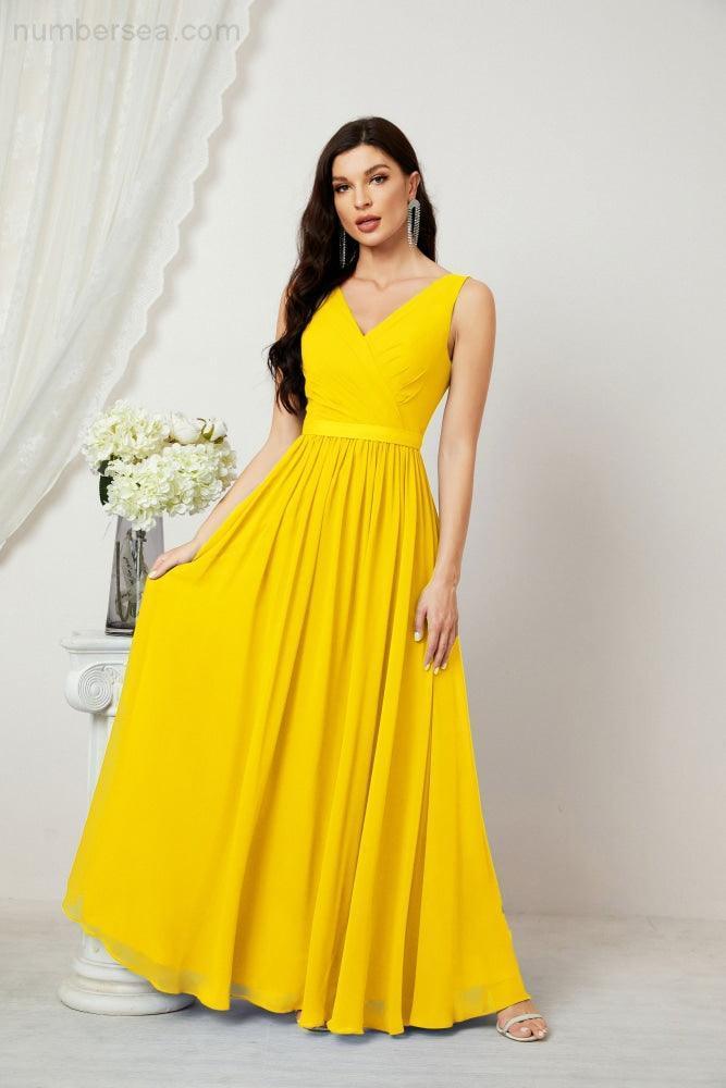Abito da Sera Donna in Chiffon Lungo per Damigelle, Scollato, Senza Maniche, Linea A, per Feste Serali, Ballo di Fine Anno e Homecoming, Modello 2808
