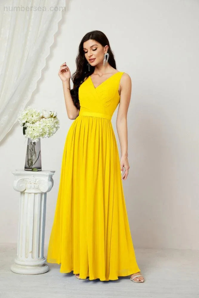 Abito da Sera Donna in Chiffon Lungo per Damigelle, Scollato, Senza Maniche, Linea A, per Feste Serali, Ballo di Fine Anno e Homecoming, Modello 2808