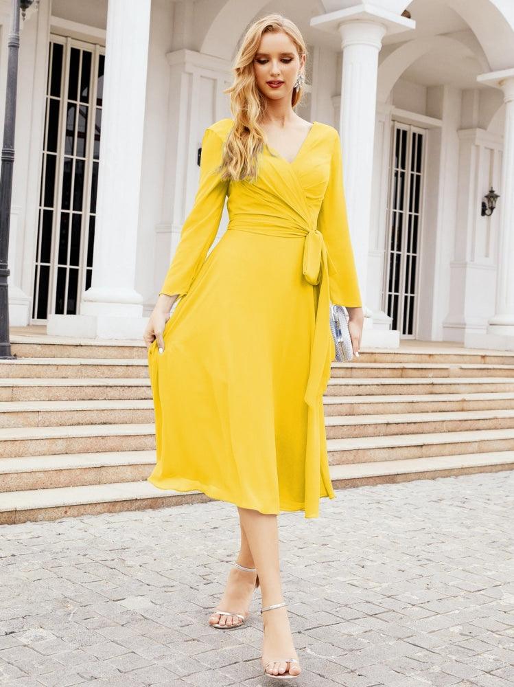 Vestido de madrinha com decote em V e cinto para mãe da noiva e convidada de casamento 28031 