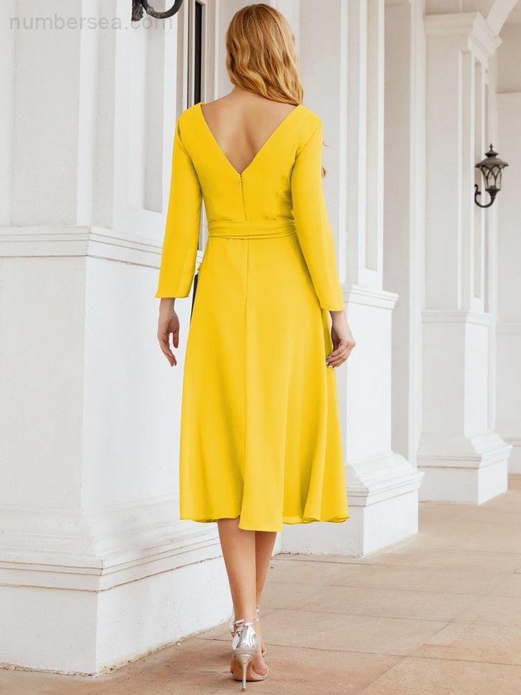 Vestido de madrinha com decote em V e cinto para mãe da noiva e convidada de casamento 28031 