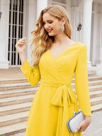 Vestido de madrinha com decote em V e cinto para mãe da noiva e convidada de casamento 28031 