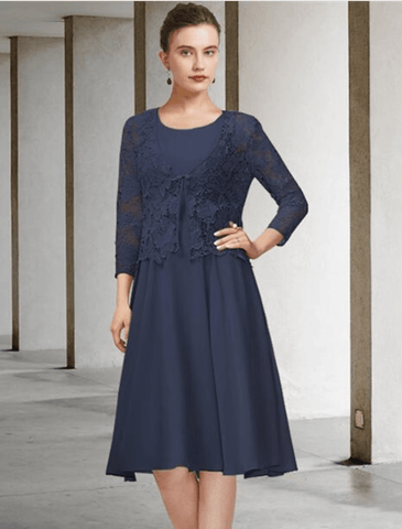 Zweiteiliges A-Linien-Kleid für die Brautmutter, eleganter Rundhalsausschnitt, knielang, Chiffon, Spitze, 3/4-Ärmel mit Schleifenapplikationen