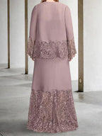 Vestidos para Mãe da Noiva com Renda e Mangas Divididas e Casaco