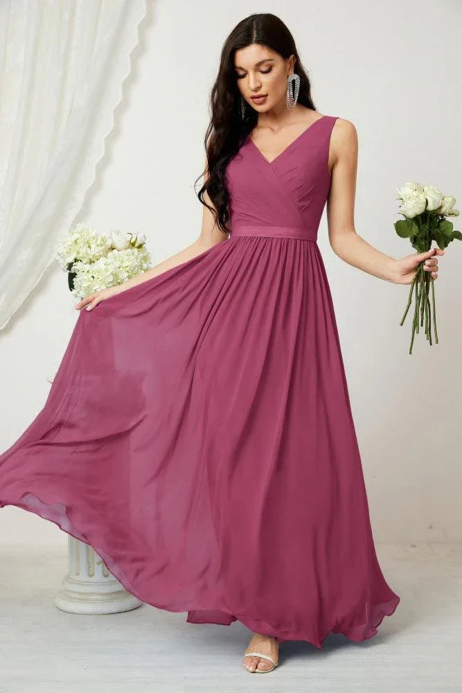 Vestido de dama de honor largo de gasa para mujer, línea A sin mangas, vestido formal de baile de graduación para fiesta nocturna, vestido de regreso a casa 2808