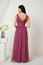 Abito da Sera Donna in Chiffon Lungo per Damigelle, Scollato, Senza Maniche, Linea A, per Feste Serali, Ballo di Fine Anno e Homecoming, Modello 2808