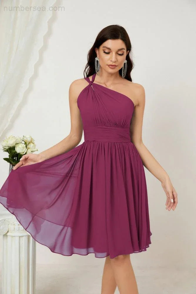 Vestido de dama de honor corto de chiffon de un hombro Numbersea para mujer Vestidos formales para fiesta y regreso a casa 2804