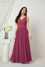 Abito da Sera Donna in Chiffon Lungo per Damigelle, Scollato, Senza Maniche, Linea A, per Feste Serali, Ballo di Fine Anno e Homecoming, Modello 2808