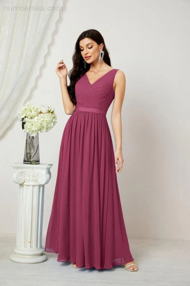 Abito da Sera Donna in Chiffon Lungo per Damigelle, Scollato, Senza Maniche, Linea A, per Feste Serali, Ballo di Fine Anno e Homecoming, Modello 2808