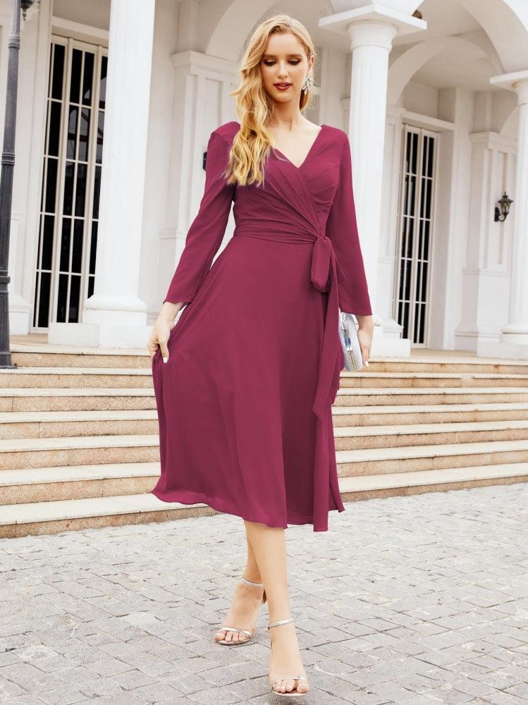 Vestido de madrinha com decote em V e cinto para mãe da noiva e convidada de casamento 28031 