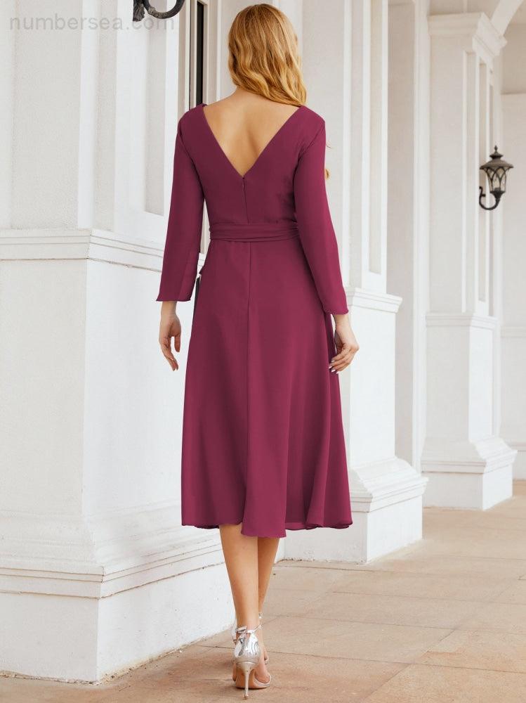 Vestido de madrinha com decote em V e cinto para mãe da noiva e convidada de casamento 28031 