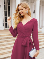 Vestido de madrinha com decote em V e cinto para mãe da noiva e convidada de casamento 28031 