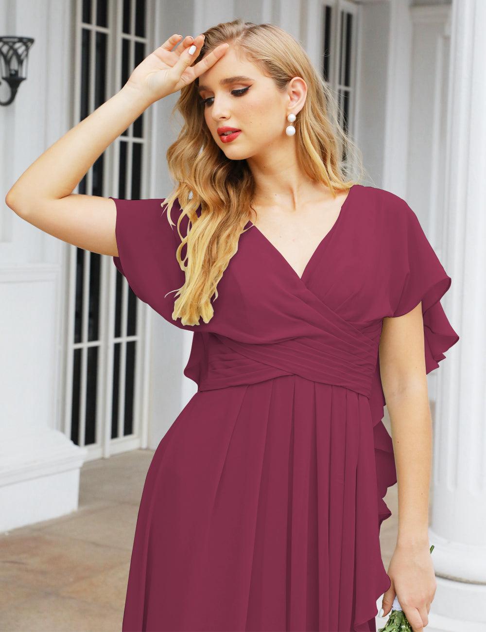 Numbersea Chiffon Bridesmaid Dresses Long Formal Evening Prom Mother of The Bride Dress with Flutter Sleeve     SEA28040