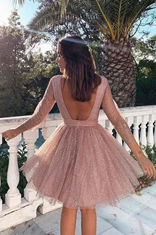 3/4-Ärmel, kurzes Ballkleid, rosafarbenes Homecoming-Kleid mit offenem Rücken, PD330