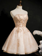 Champagne Strapless Sequins Tulle Short Homecoming Dresses