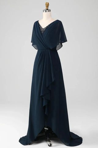 Kleid für die Brautmutter, asymmetrisch, Pailletten, Chiffon, mit Perlen