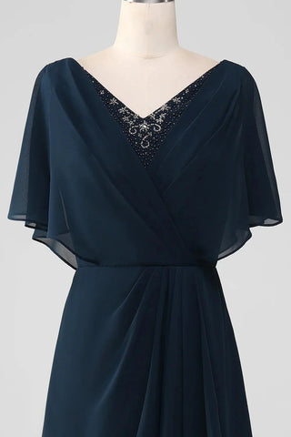 Kleid für die Brautmutter, asymmetrisch, Pailletten, Chiffon, mit Perlen