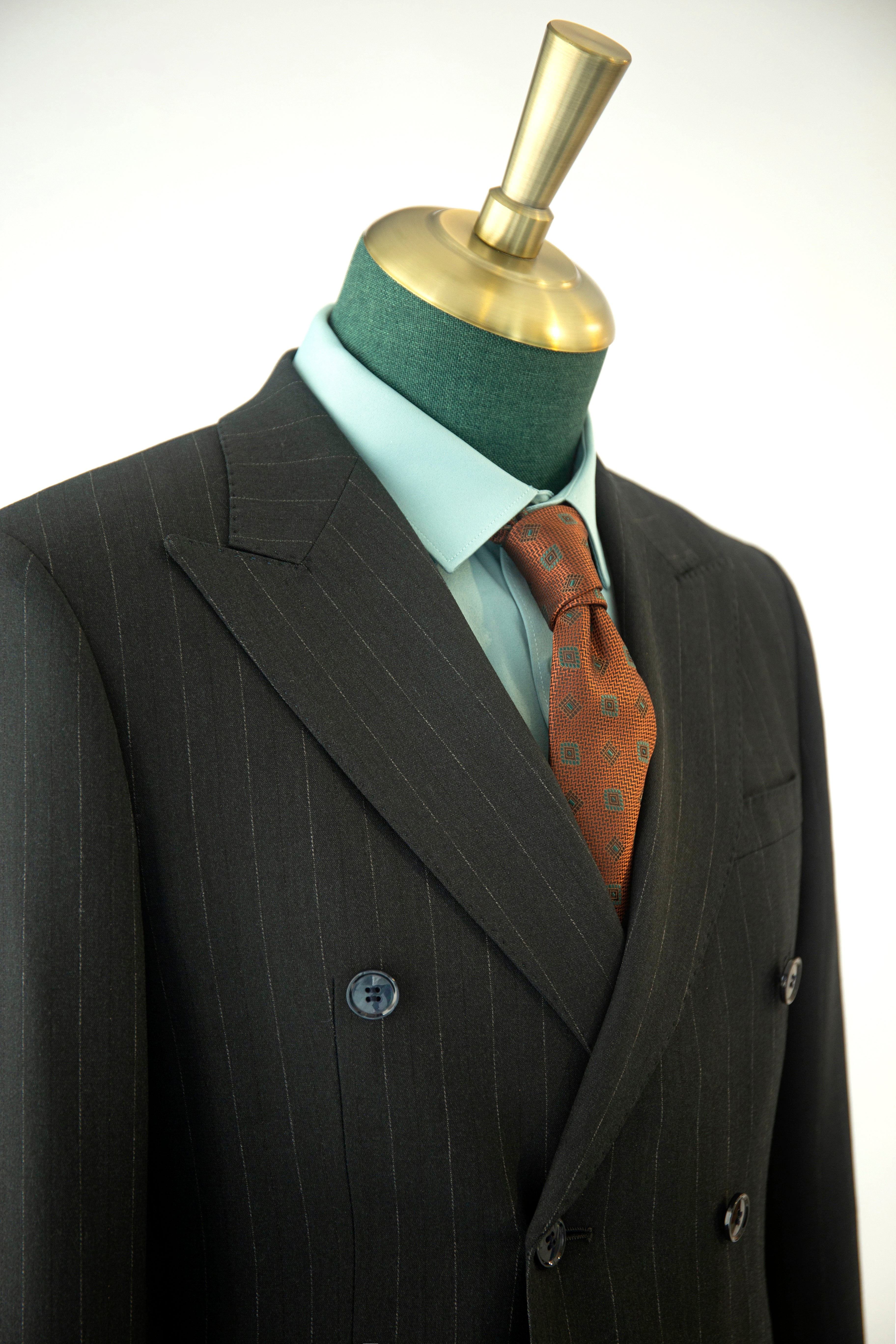 Double-Breasted Charcoal Pinstripe Wool Suit | Tailored Formal Groom & Business Suit